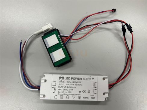 Driver LED 12V 3A 36W avec double interrupteur tactile et sortie 230V pour chauffage de miroir – Modèle GWV-3612+GWP