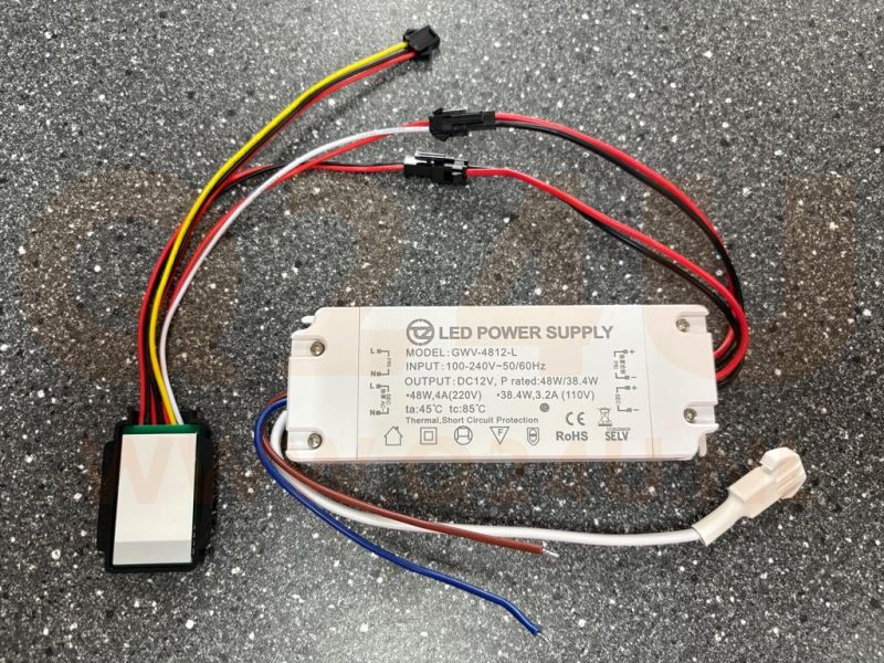 Driver LED 12V 4A 48W avec interrupteur tactile et sortie 230V pour chauffage de miroir – Modèle GWV-4812-L